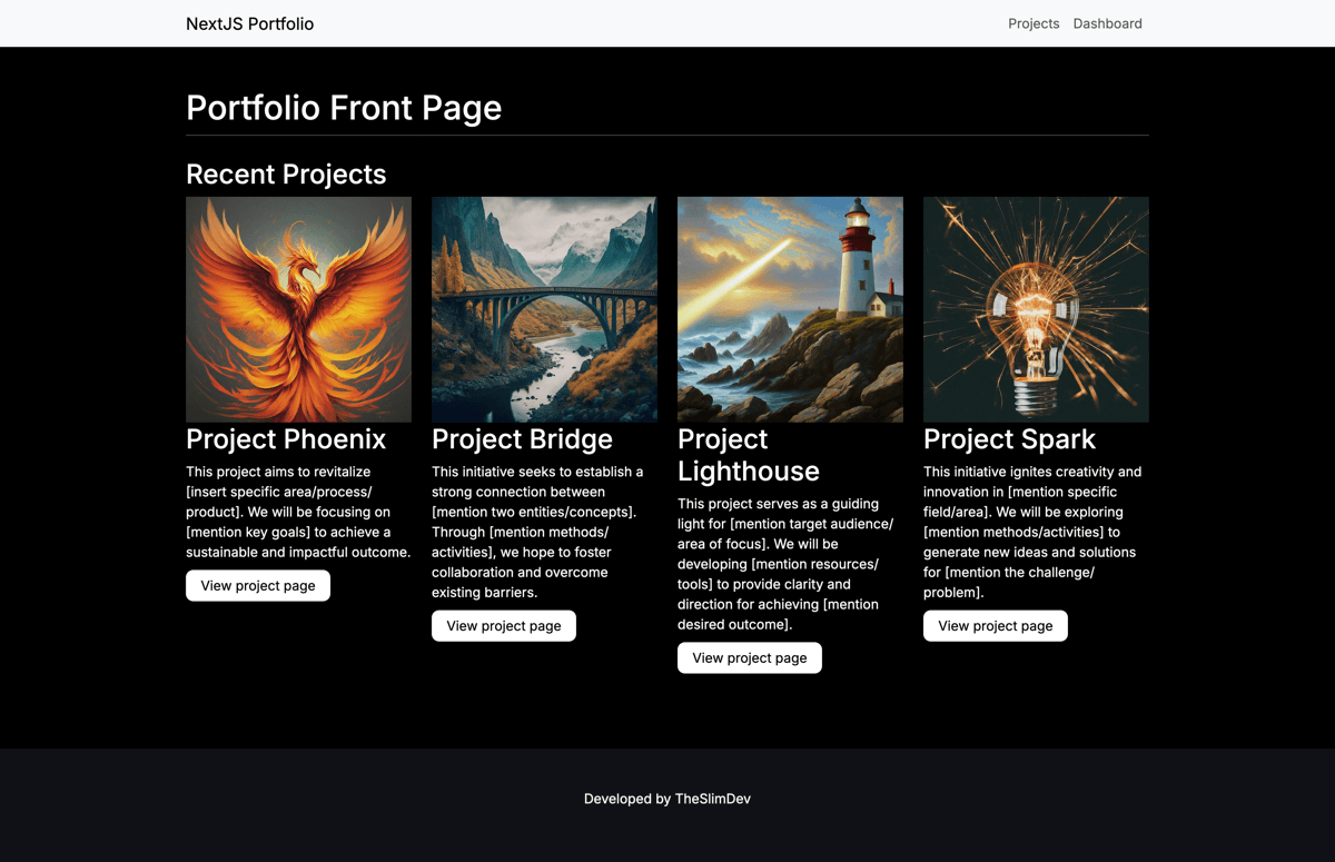 Screenshot of homepage for NextJS Portfolio demo application developed by theslimdev